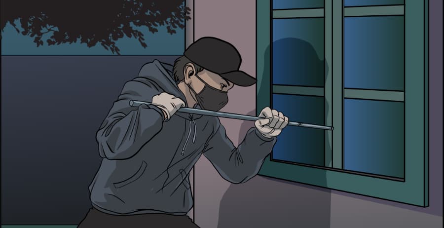 Illustration of burglar forcing entry through a window in Jackson
